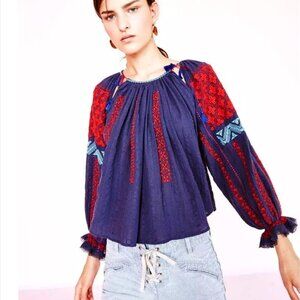 Ulla Johnson Mila Embroidered Peasant Blouse Womens 6 Blue Red